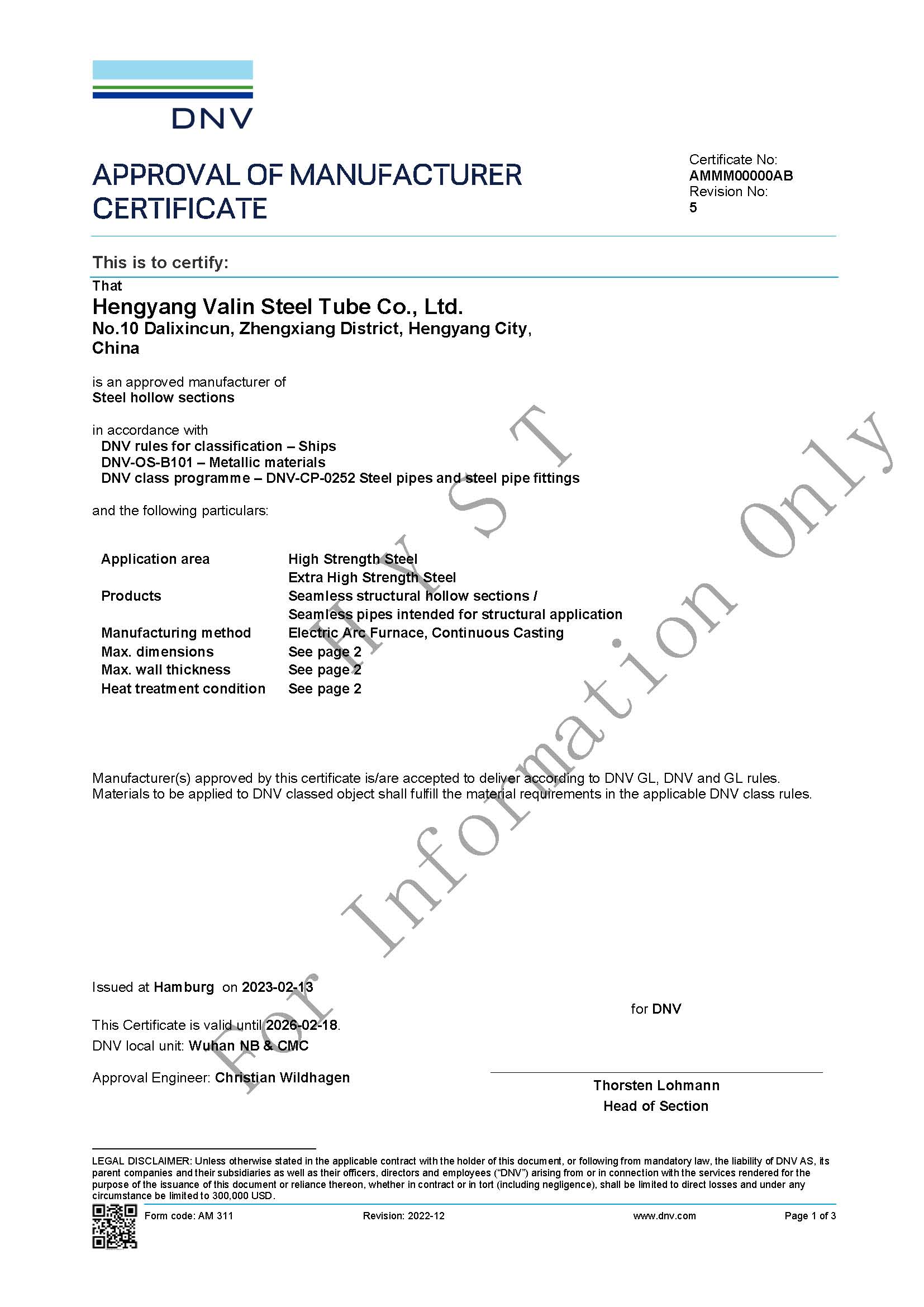 DNV Certificate for  Structural Steel Pipes